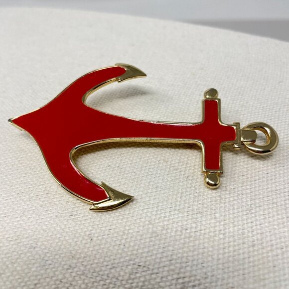 Vintage Anchor Brooch Pin Red‎ Gold-Tone Large Nautical Novelty Enamel - Picture 2 of 8